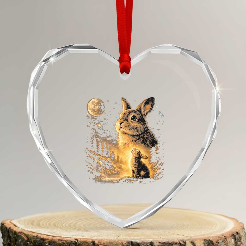 Mystical Moonlit Bunny Graphic Heart Crystal Glass Ornament Glowing Rabbit Under Full Moon Waterfall Nature Scene TS02 Transparent Glass 3'' Heart Print Your Wear