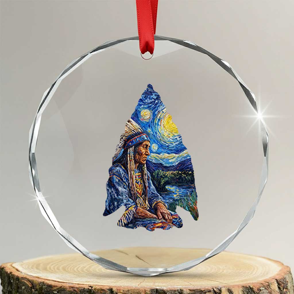 Native American Arrowhead Hunter Starry Night Crystal Glass Ornament