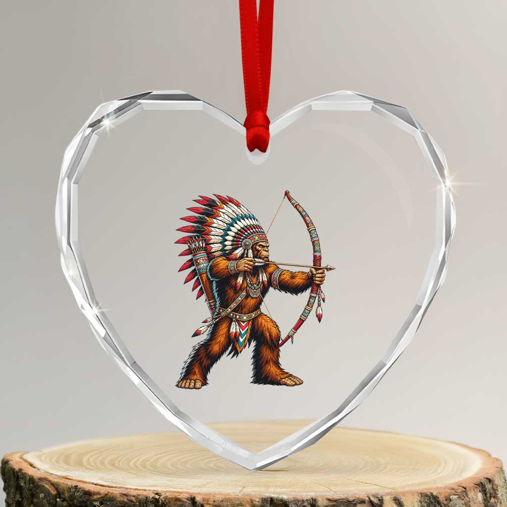 Native American Bigfoot Chief Heart Crystal Glass Ornament Forest Warrior Pride Graphic