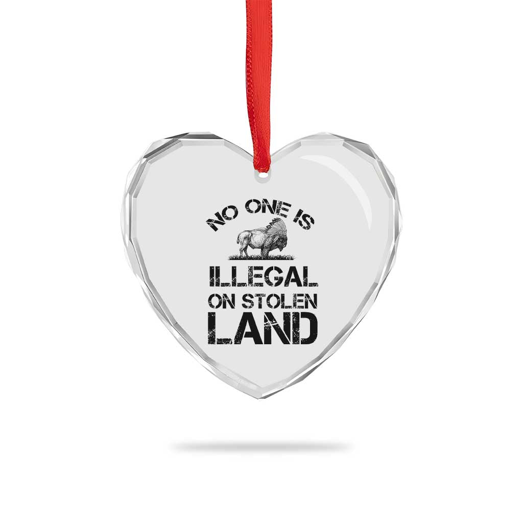 Native American Buffalo Graphic Heart Crystal Glass Ornament No One Is Illegal On Stolen Land