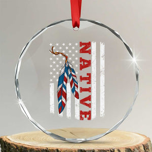 Native American Feathers Vintage USA Flag Crystal Glass Ornament Proud Indigenous People