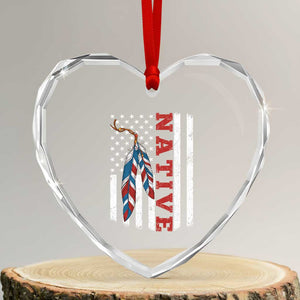 Native American Feathers Vintage USA Flag Heart Crystal Glass Ornament Proud Indigenous People