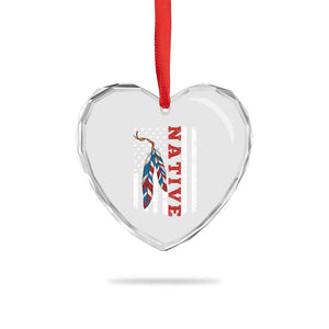 Native American Feathers Vintage USA Flag Heart Crystal Glass Ornament Proud Indigenous People