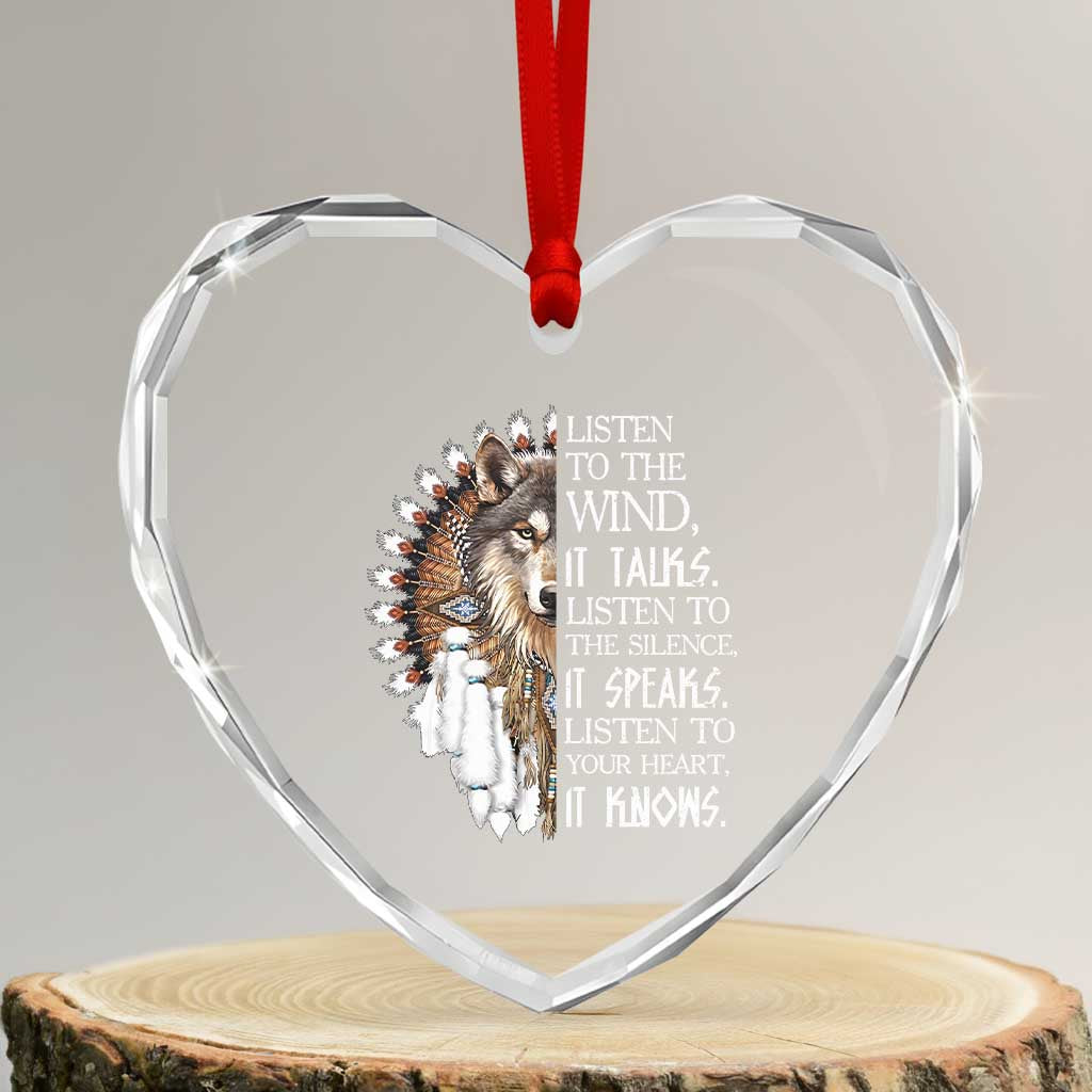 Native American Indian Wolf Saying Listen to The Wind Heart Crystal Glass Ornament TS14 Transparent Glass 3'' Heart Print Your Wear