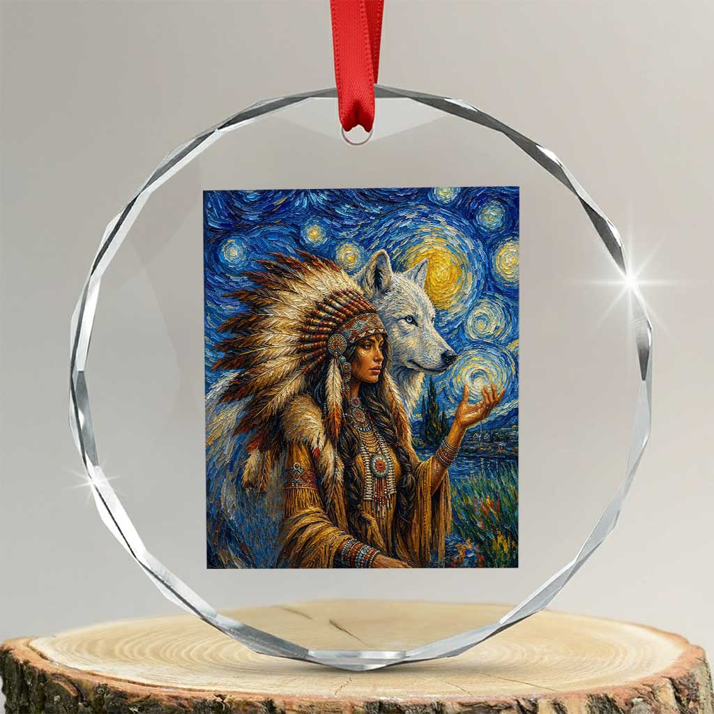 Native American Woman And White Wolf Crystal Glass Ornament Starry Night Inspired Art TS12 Transparent Glass 3'' Circle Print Your Wear