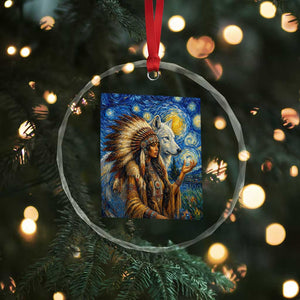 Native American Woman And White Wolf Crystal Glass Ornament Starry Night Inspired Art