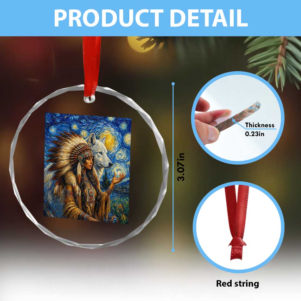 Native American Woman And White Wolf Crystal Glass Ornament Starry Night Inspired Art