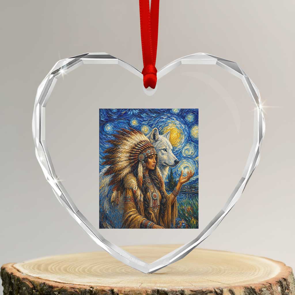 Native American Woman And White Wolf Heart Crystal Glass Ornament Starry Night Inspired Art TS12 Transparent Glass 3'' Heart Print Your Wear