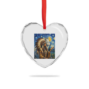 Native American Woman And White Wolf Heart Crystal Glass Ornament Starry Night Inspired Art