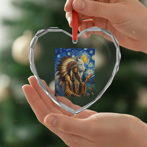Native American Woman And White Wolf Heart Crystal Glass Ornament Starry Night Inspired Art