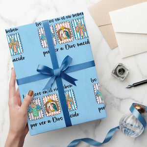 Nativity Scene Christian Christmas Wrapping Paper Roll Feliz Navidad TS14 Light Blue Print Your Wear