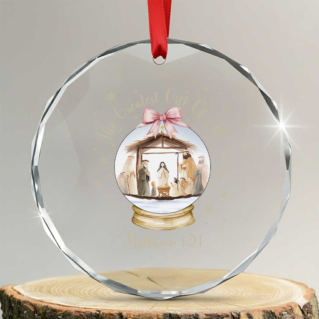 Nativity Scene Christmas Crystal Glass Ornament The Greatest Gift of All Christian Coquette Bow Matthew 1:21 TS10 Transparent Glass 3'' Circle Print Your Wear