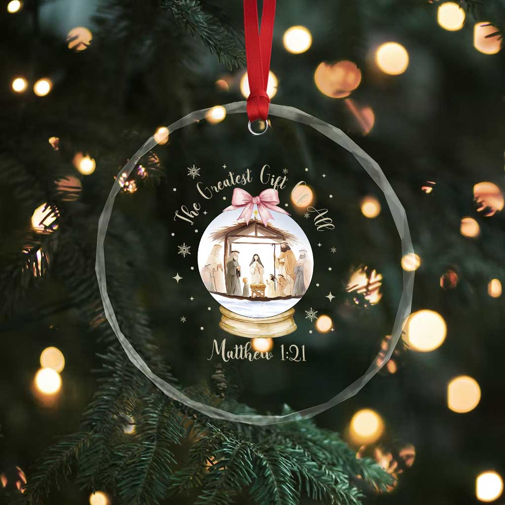 Nativity Scene Christmas Crystal Glass Ornament The Greatest Gift of All Christian Coquette Bow Matthew 1:21 TS10 Print Your Wear