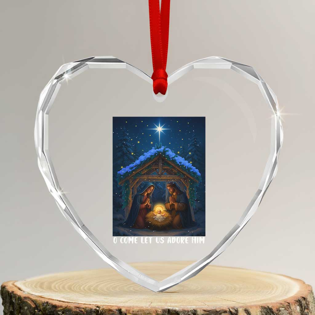 Nativity Scene Christmas Heart Crystal Glass Ornament O Come Let Us Adrove Him TS14 Transparent Glass 3'' Heart Print Your Wear
