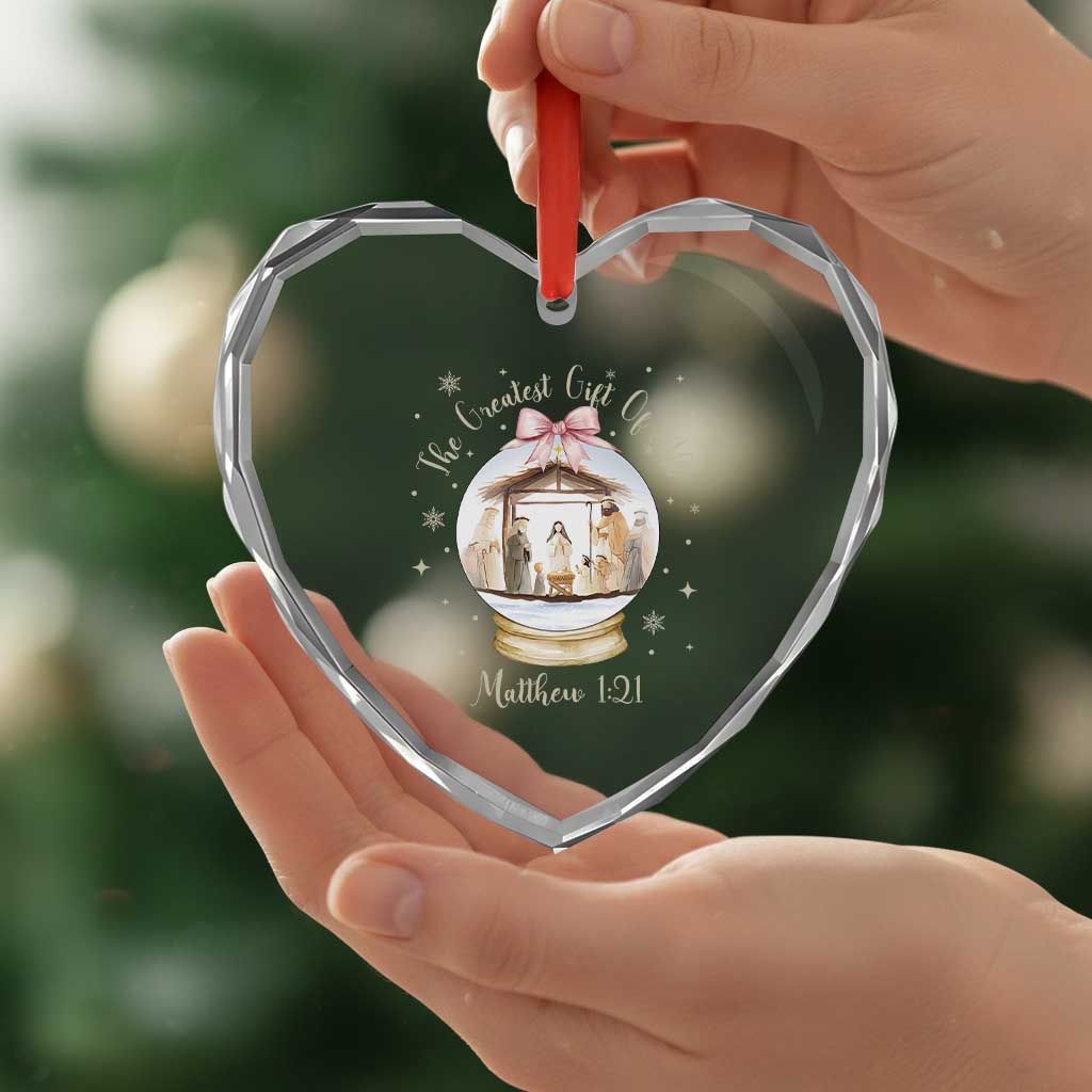 Nativity Scene Christmas Heart Crystal Glass Ornament The Greatest Gift of All Christian Coquette Bow Matthew 1:21 TS10 Print Your Wear