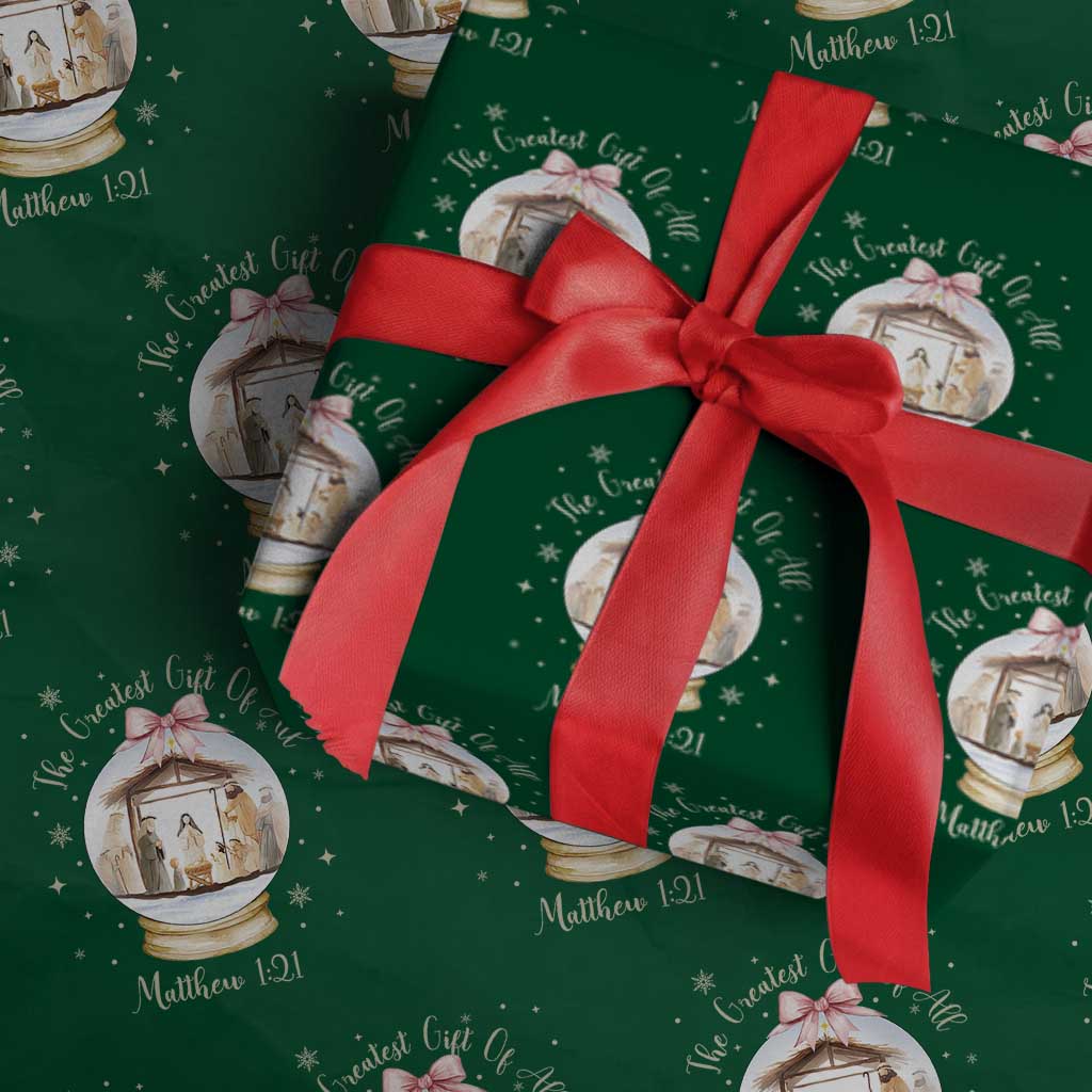 Nativity Scene Christmas Wrapping Paper Roll The Greatest Gift of All Christian Coquette Bow Matthew 1:21 TS10 Green Print Your Wear