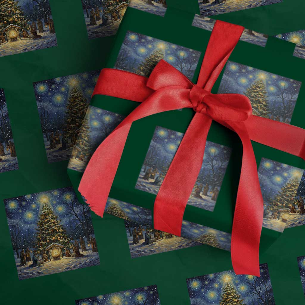 Nativity Scene Wrapping Paper Roll Christmas Starry Night Christian Jesus Baby Jesus Holiday TS14 Green Print Your Wear