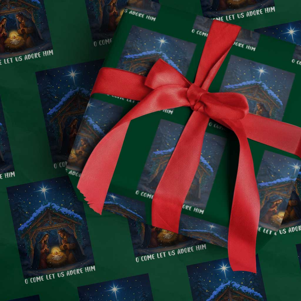 Nativity Scene Xmas Wrapping Paper Roll O Come Let Us Adrove Him TS14 Green Print Your Wear