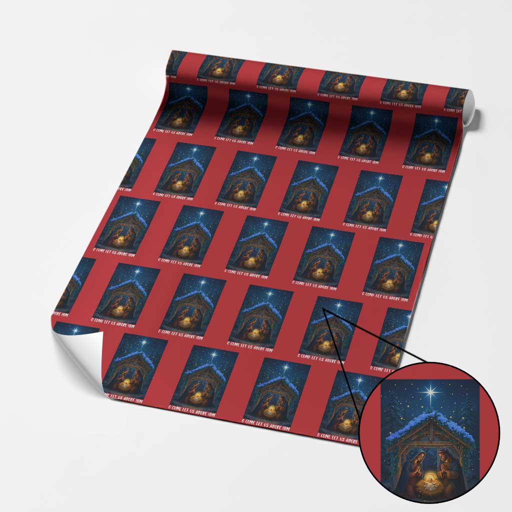 Nativity Scene Xmas Wrapping Paper Roll O Come Let Us Adrove Him TS14 Red Print Your Wear