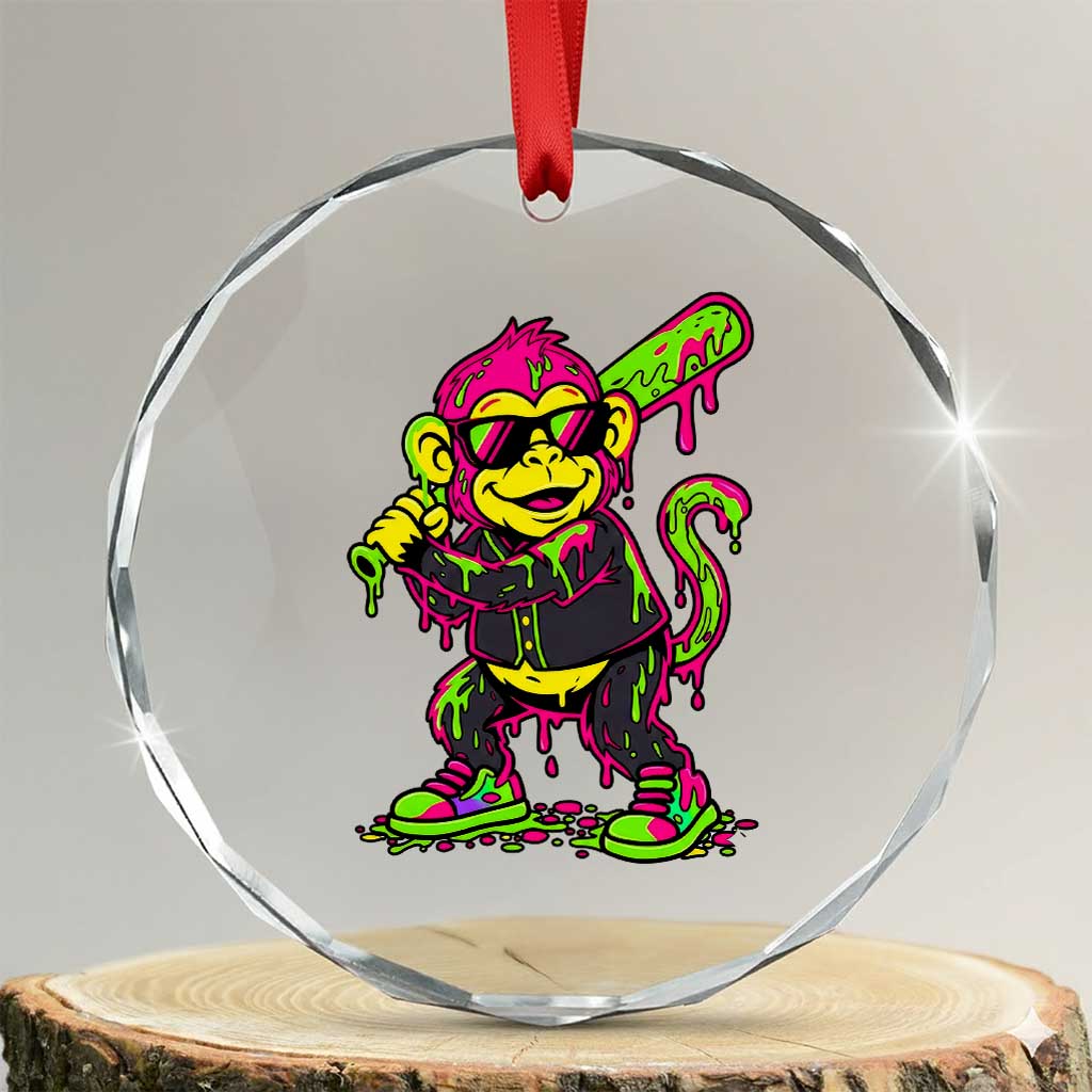 Neon Dripping Monkey Baseball Graphic Crystal Glass Ornament Ball Party Game Day Vibes TS02 Transparent Glass 3'' Circle Print Your Wear
