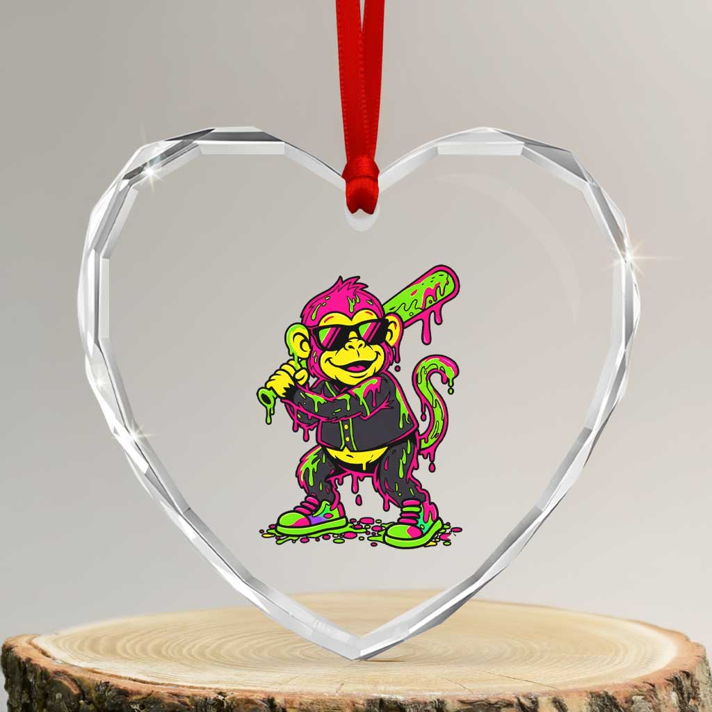 Neon Dripping Monkey Baseball Graphic Heart Crystal Glass Ornament Ball Party Game Day Vibes TS02 Transparent Glass 3'' Heart Print Your Wear