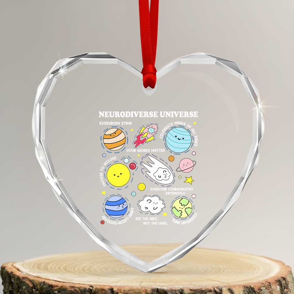 Neurodiverse Universe Heart Crystal Glass Ornament Autism Awareness ADHD ASD Neurodiversity TS02 Transparent Glass 3'' Heart Print Your Wear