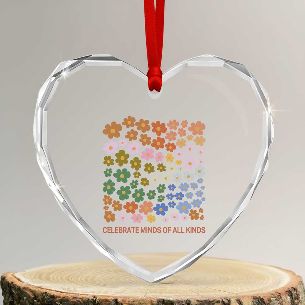 Neurodiversity Boho Floral Heart Crystal Glass Ornament Celebrate Minds of All Kinds Autism ADHD ASD TS02 Transparent Glass 3'' Heart Print Your Wear