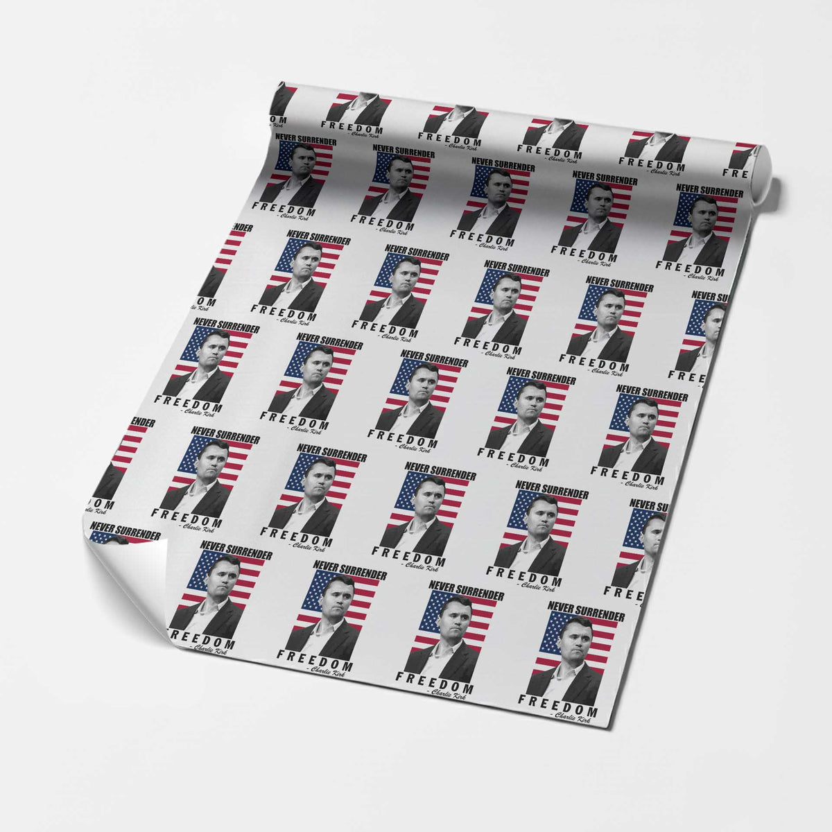 Never Surrender Freedom Wrapping Paper Roll Patriotic Charlie Kirk Tribute American Flag TS02 White Print Your Wear