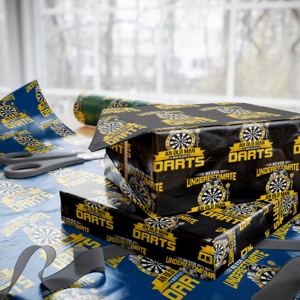 Never Underestimate An Old Man Plays Darts Wrapping Paper Roll Funny Dartist Grim Reaper Gift TS12 Black Print Your Wear