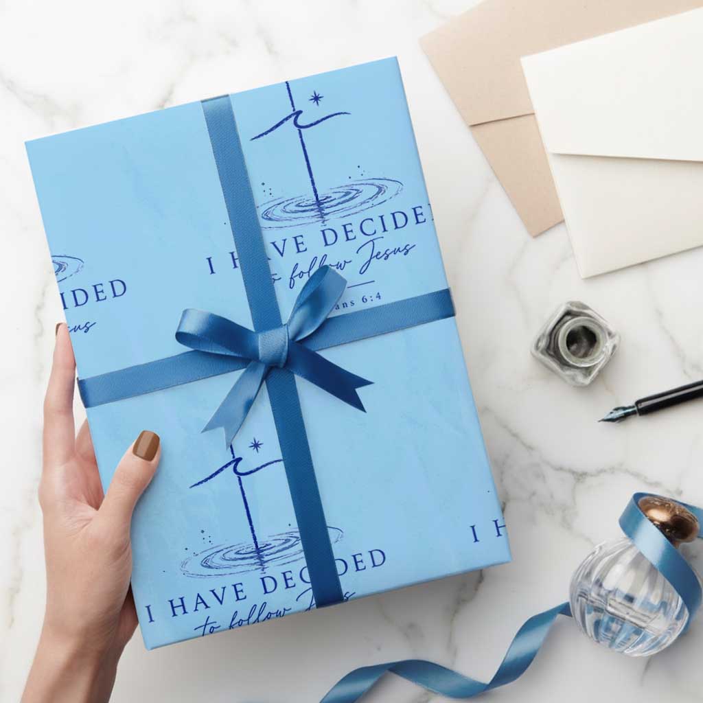 New Believer Wrapping Paper Roll I Have Decided To Follow Jesus In Baptism Cross Water TS10 Light Blue Print Your Wear