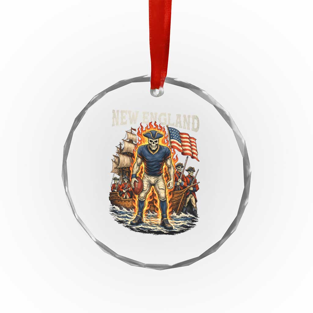 New England Fiery Skeleton Game Day Graphic Crystal Glass Ornament Patriotic Revolutionary Sports Fan