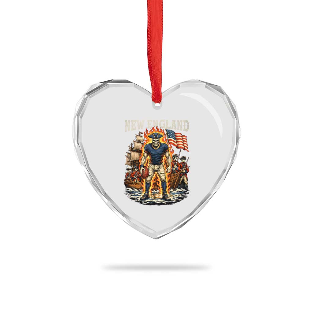 New England Fiery Skeleton Game Day Graphic Heart Crystal Glass Ornament Patriotic Revolutionary Sports Fan