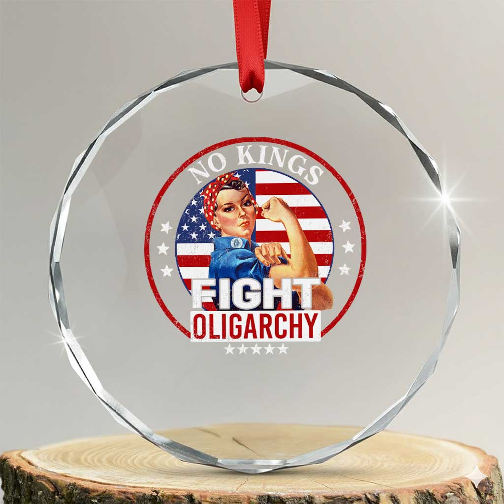 No Kings Fight Oligarchy Crystal Glass Ornament Woman's Girl Vintage America Flag - Print Your Wear