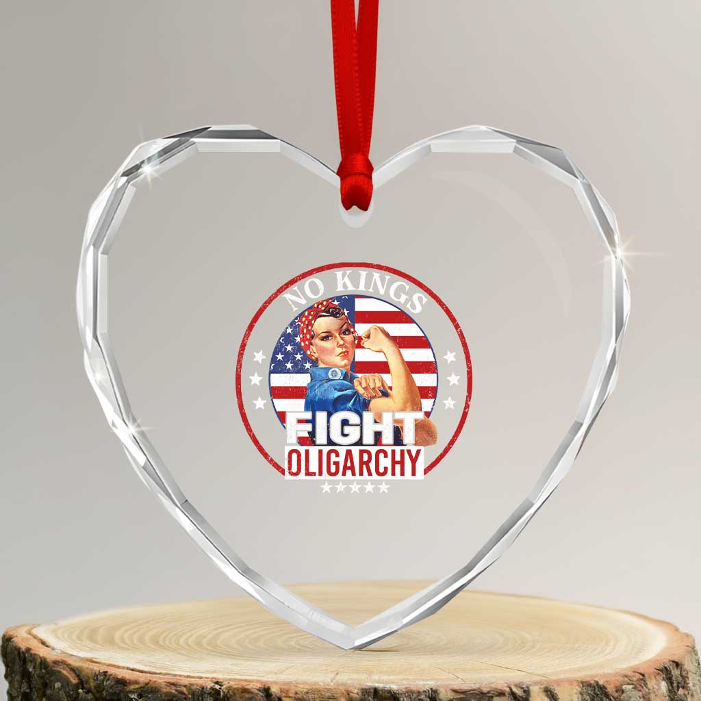 No Kings Fight Oligarchy Heart Crystal Glass Ornament Woman's Girl Vintage America Flag - Print Your Wear