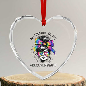 No Shame In My Recovery Game Heart Crystal Glass Ornament Messy Bun Semicolon Graphic