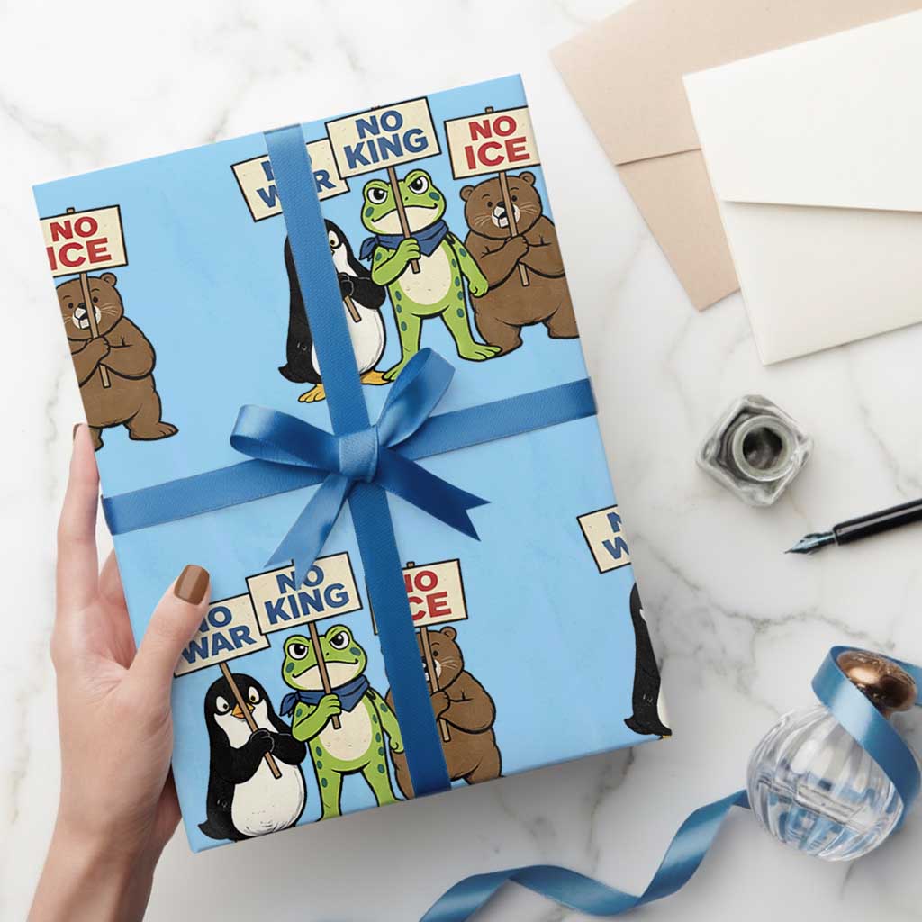 No Wars No Ice No Kings Animal Protest Wrapping Paper Roll Frog Penguin Bear Resist Human Rights Activist TS02 Light Blue Print Your Wear