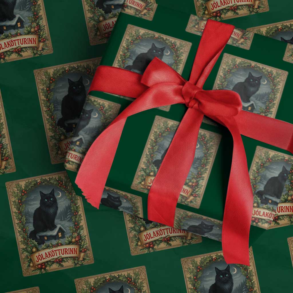 Nordic Christmas Cat Wrapping Paper Roll Jolakotturinn Yule Cat Icelandic TS11 Green Print Your Wear