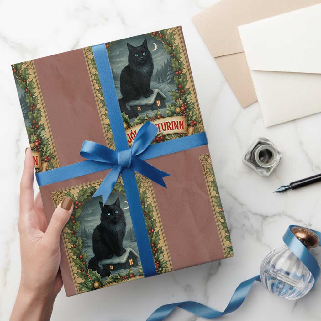 Nordic Christmas Cat Wrapping Paper Roll Jolakotturinn Yule Cat Icelandic TS11 Mocha Print Your Wear