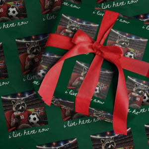 Norway Soccer Football Fan Norge Norwegian Flag Wrapping Paper Roll Funny Raccoon Drinking Iced Coffee TS14 Green Print Your Wear