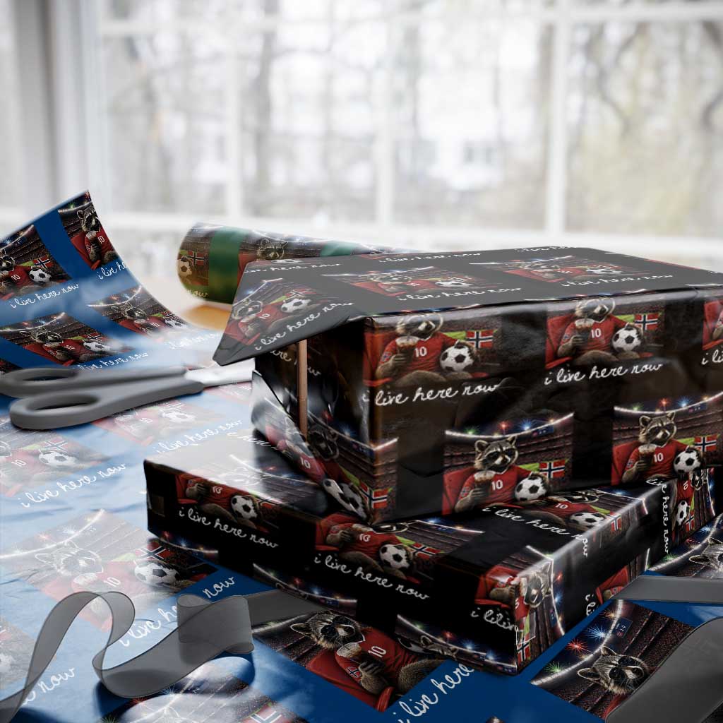 Norway Soccer Football Fan Norge Norwegian Flag Wrapping Paper Roll Funny Raccoon Drinking Iced Coffee TS14 Black Print Your Wear