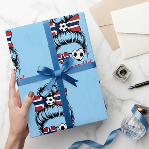 Norwegian Soccer Girl Wrapping Paper Roll Messy Bun Sunglasses Football Fan TS12 Light Blue Print Your Wear