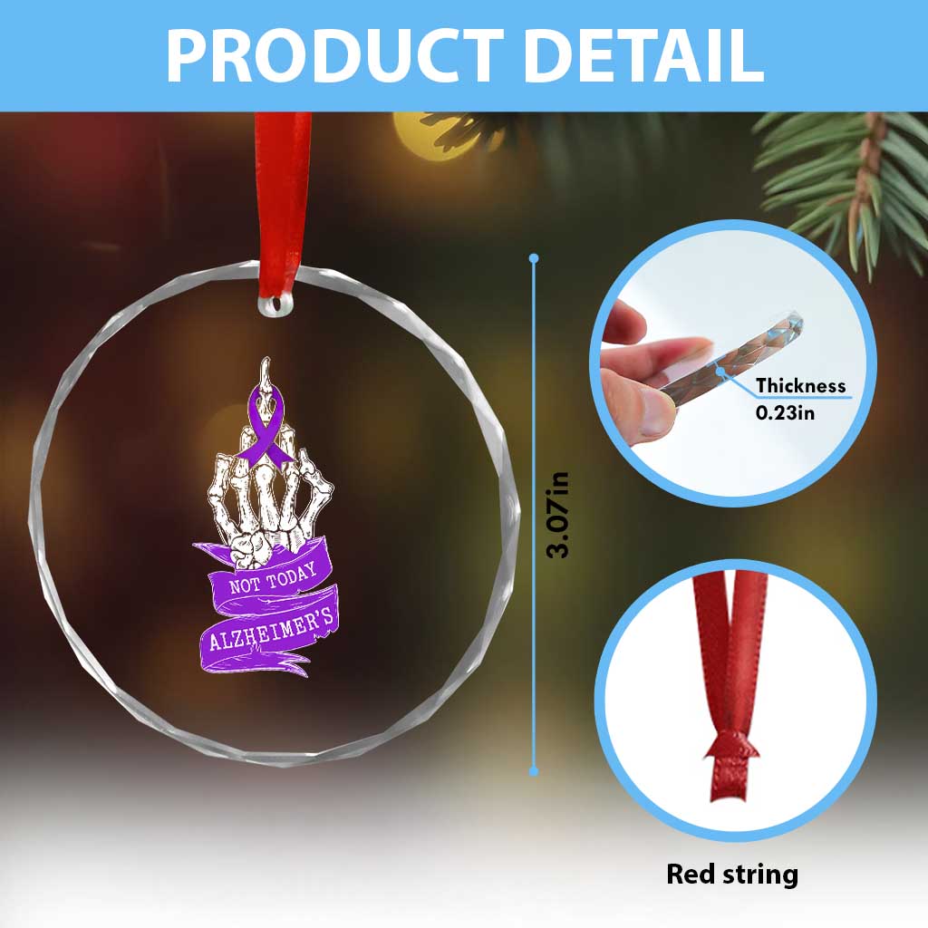 Not Today Alzheimers Crystal Glass Ornament Funny Skeleton Middle Finger Purple Ribbon
