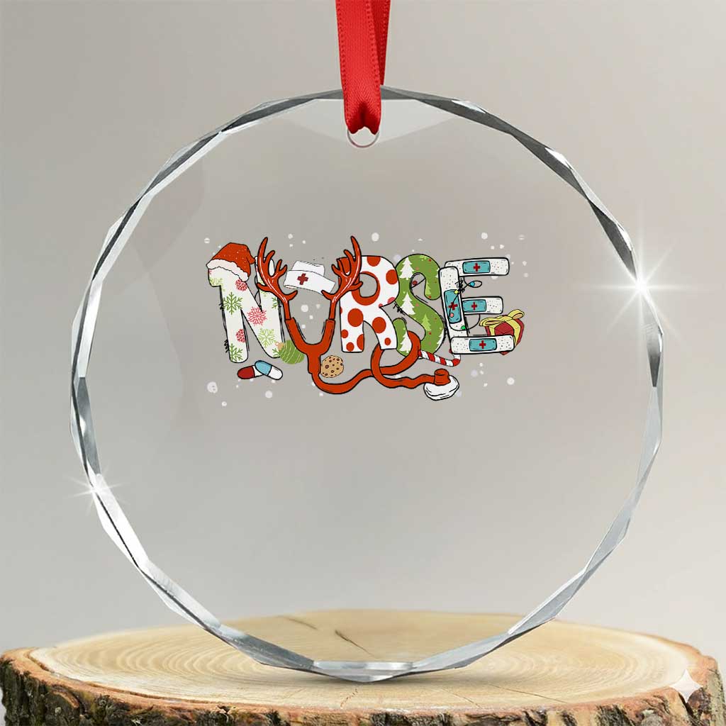 Nurse Xmas Stethoscope Reindeer Hat Crystal Glass Ornament TS09 Transparent Glass 3'' Circle Print Your Wear
