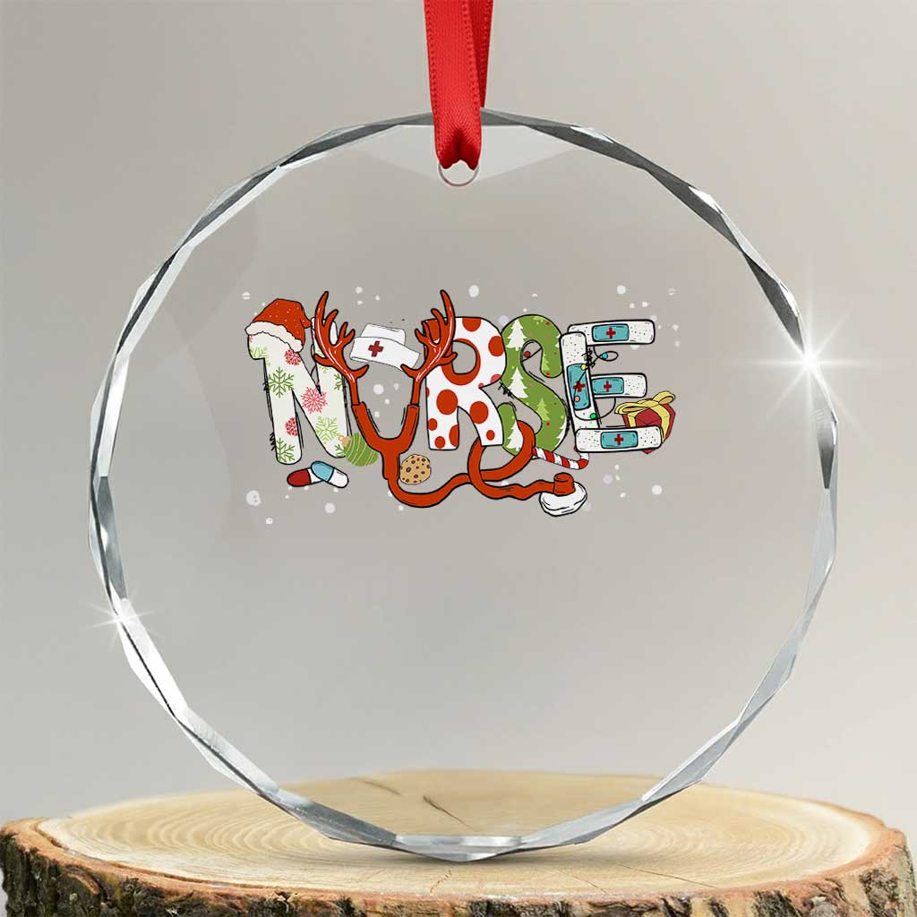 Nurse Xmas Stethoscope Reindeer Hat Crystal Glass Ornament TS09 Transparent Glass 3'' Circle Print Your Wear