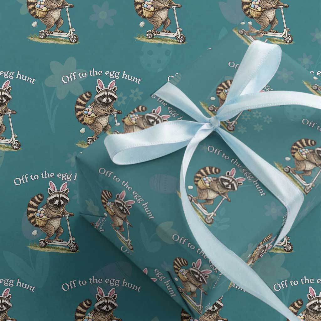 Off To The Egg Hunt Wrapping Paper Roll Funny Easter Raccoon TS14 Teal Print Your Wear