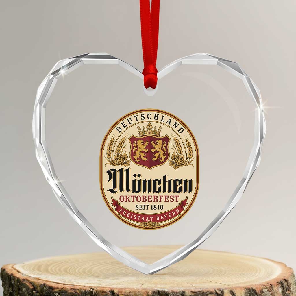 Oktoberfest Munchen Seit 1810 Heart Crystal Glass Ornament Deutschland German Beer Label Bavarian Lion Shield