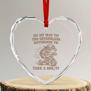On My Way To The Genderless Bathroom To Take a She/It Heart Crystal Glass Ornament Funny Frog Graphic