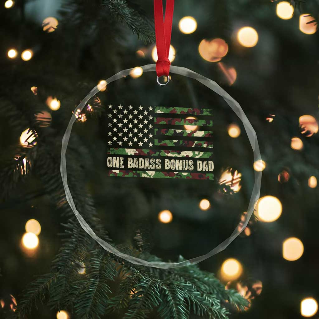One Badass Bonus Dad Crystal Glass Ornament Funny Stepdad Camo American Flag TS10 Print Your Wear