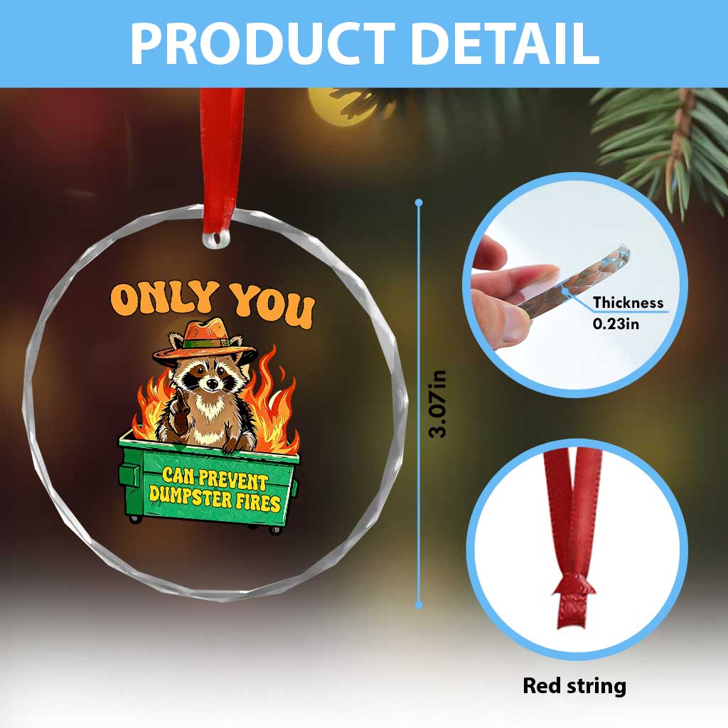 Only You Can Prevent Dumpster Fires Funny Raccoon Crystal Glass Ornament Sarcastic Chaos Humor Holiday Gag Gift TS02 Print Your Wear