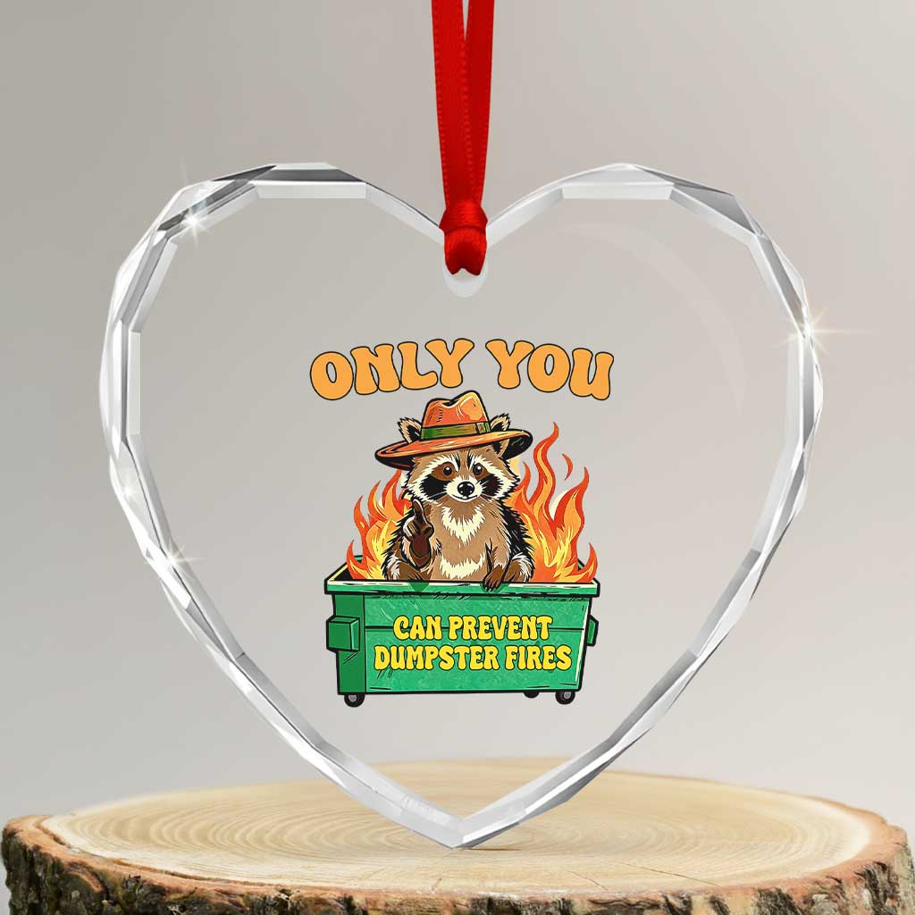 Only You Can Prevent Dumpster Fires Funny Raccoon Heart Crystal Glass Ornament Sarcastic Chaos Humor Holiday Gag Gift TS02 Transparent Glass 3'' Heart Print Your Wear